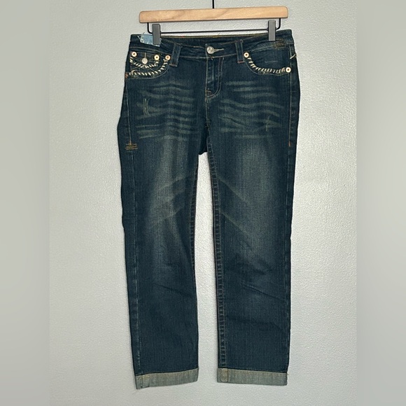 True Religion World Tour Billy‎ Women's Cropped Cuffed Hem Blue Jeans Size 26 - Picture 1 of 12